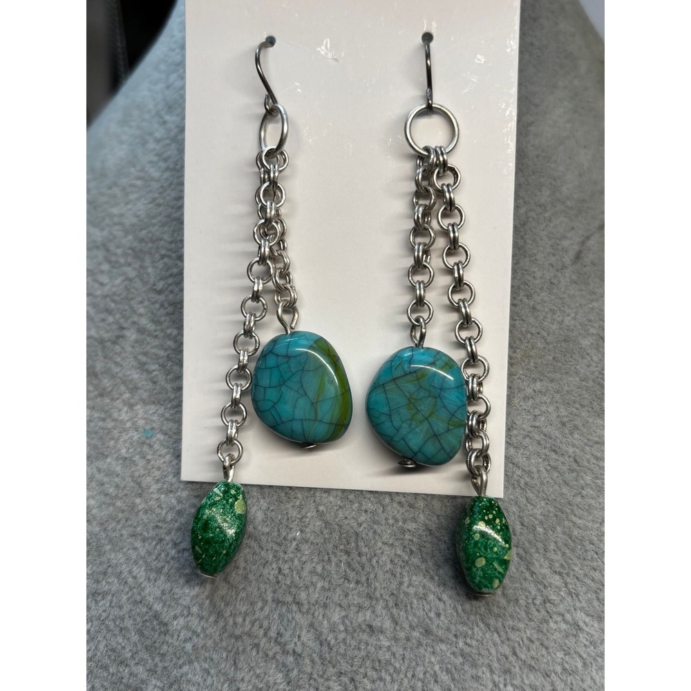 #17. Artisan Teal Crackle & Green Speckled Chain Dangle Earrings